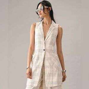 NWT Maeve Plaid Long Linen Vest Size  12 Ivory Black Anthropologie